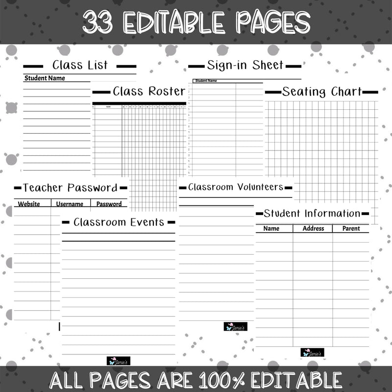 Editable Binder Documents for Teacher Binder and Planner | Teacher Notes - Black & White theme