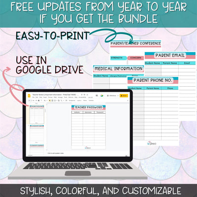 Teacher Binders/Planner - Binder Documents: Teacher Notes & Important Info. - Pink & Teal