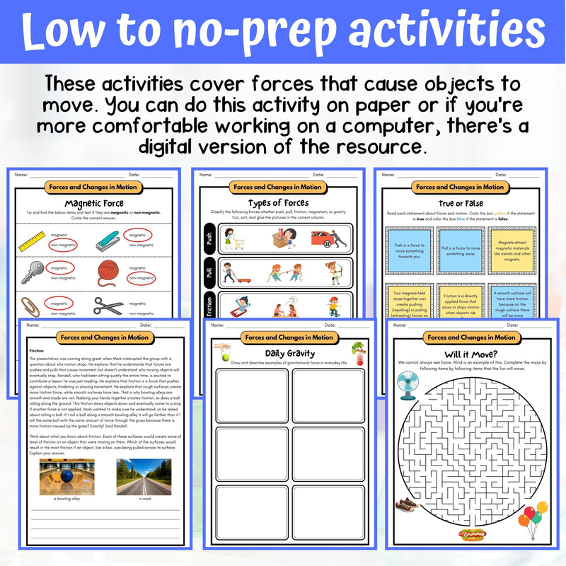 Force and Motion Activity & Answer Key 5th Grade Physical Science