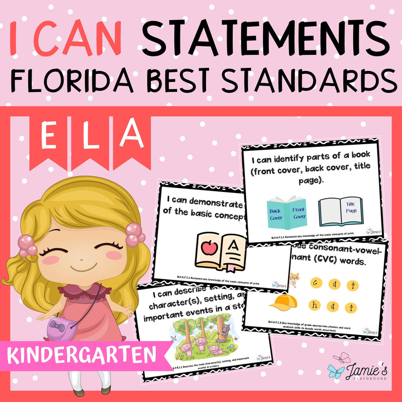 Florida BEST Standards: Kindergarten ELA I Can Statements - Full & Half Pages