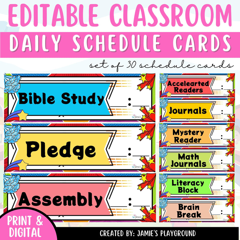 Classroom Schedule Cards - EDITABLE Superhero Daily Visual Schedule Cards