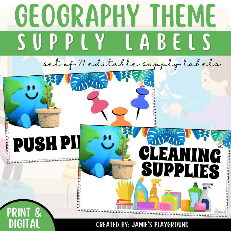 Classroom Supply Labels 1 - EDITABLE Geography Classroom Organization Colorful Supply Labels