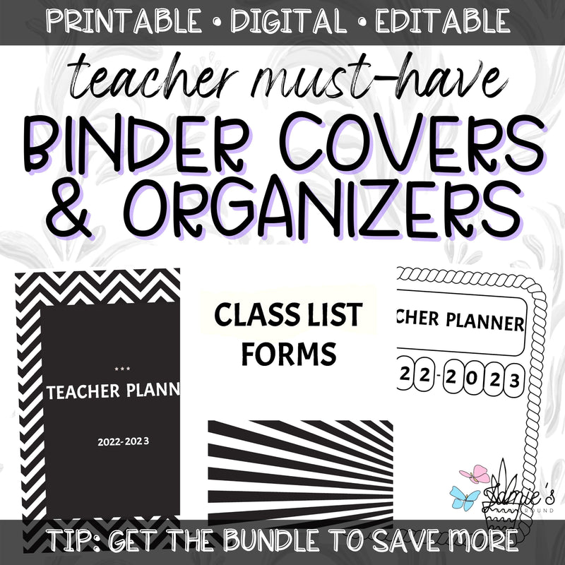 Editable Binder Covers for Teacher Binder and Planner | Black & White theme