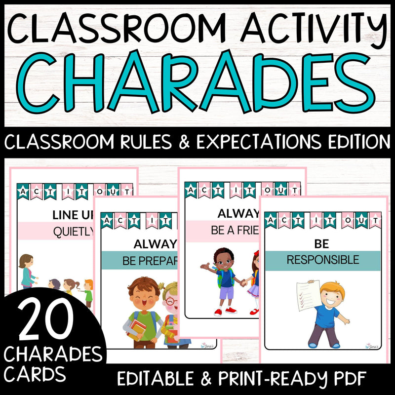 Classroom Rules Charades Cards EDITABLE (Pink/Teal): Back to School Activity