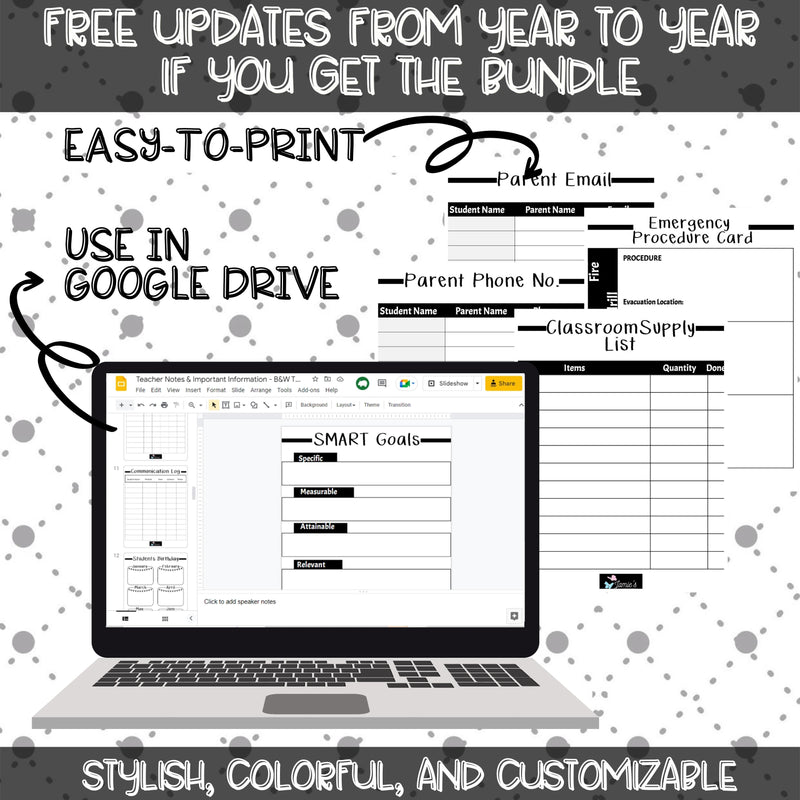 Editable Binder Documents for Teacher Binder and Planner | Teacher Notes - Black & White theme