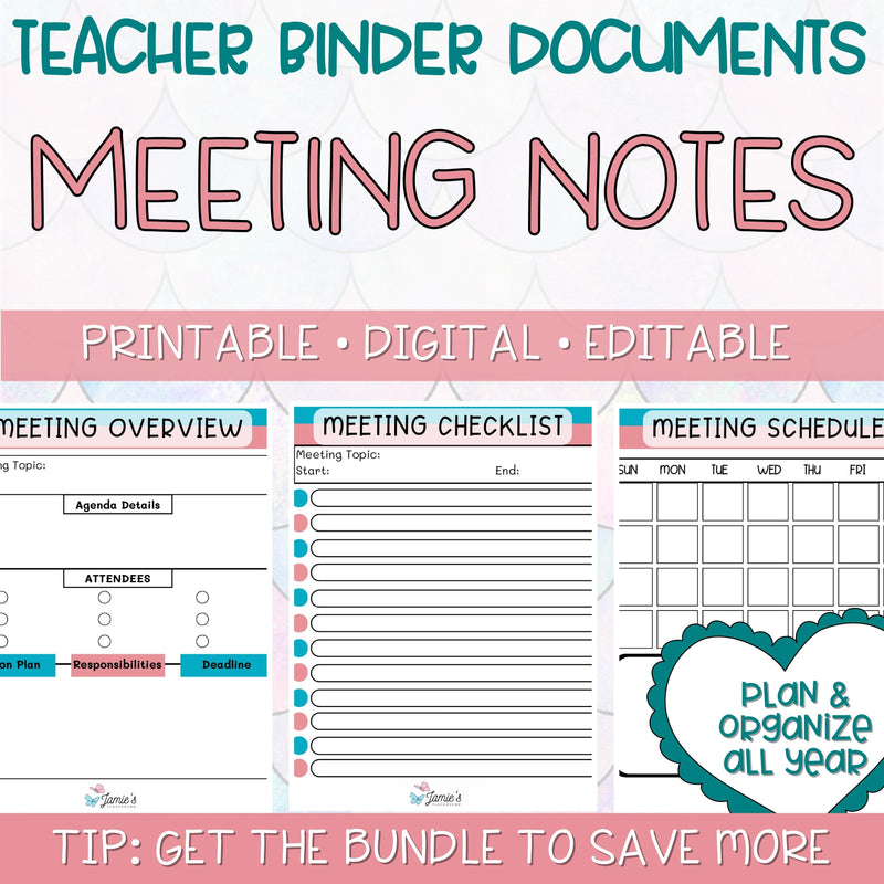 Teacher Binders/Planner - Binder Documents: Meeting Notes - Pink & Teal