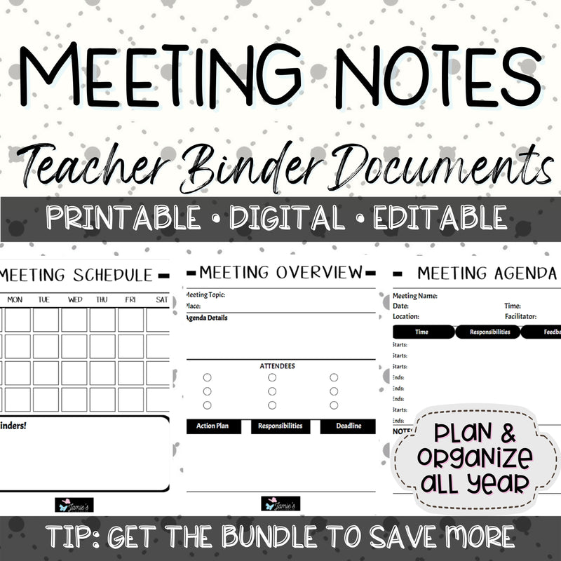 Editable Binder Documents for Teacher Binder and Planner | Meeting Notes - Black & White theme