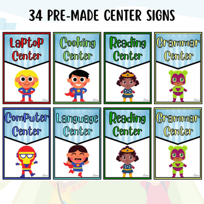 Center Signs - EDITABLE Superhero Classroom Signs and Station Management Signs