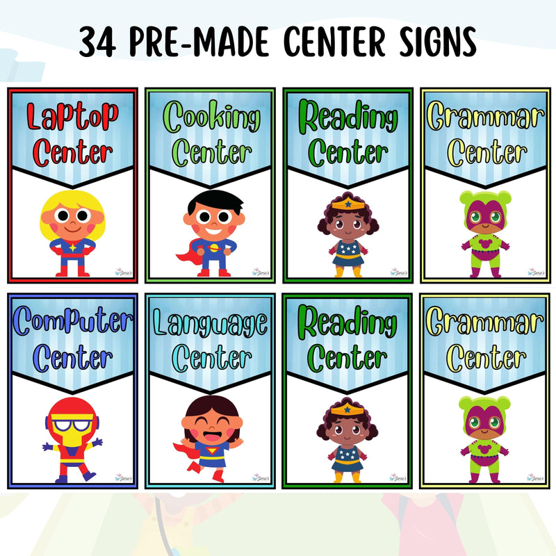 Center Signs - EDITABLE Superhero Classroom Signs and Station Management Signs