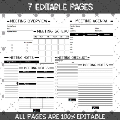 Editable Binder Documents for Teacher Binder and Planner | Meeting Notes - Black & White theme