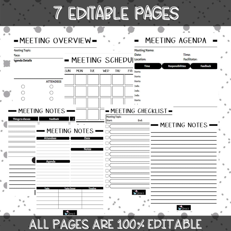 Editable Binder Documents for Teacher Binder and Planner | Meeting Notes - Black & White theme