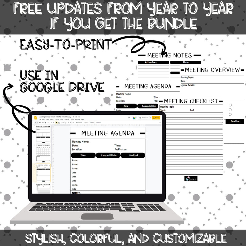 Editable Binder Documents for Teacher Binder and Planner | Meeting Notes - Black & White theme