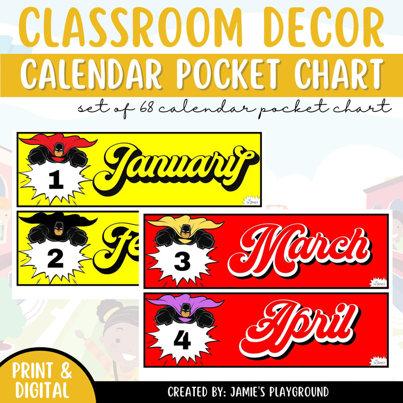 Calendar Pocket Chart 1 - EDITABLE Superhero Pocket Chart Calendar Set