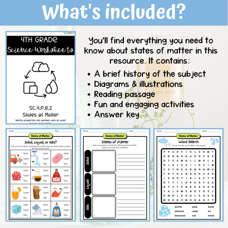 States of Matter Activity & Answer Key 4th Grade Physical Science