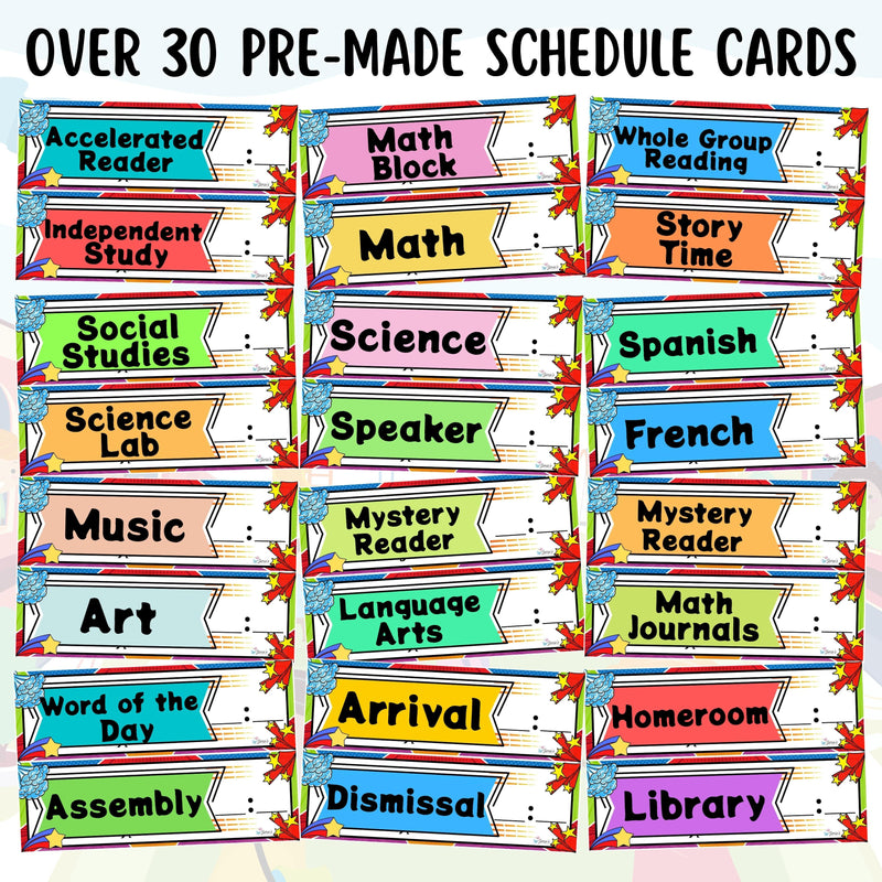 Classroom Schedule Cards - EDITABLE Superhero Daily Visual Schedule Cards