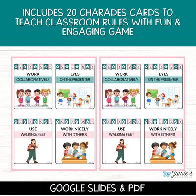 Classroom Rules Charades Cards EDITABLE (Pink/Teal): Back to School Activity