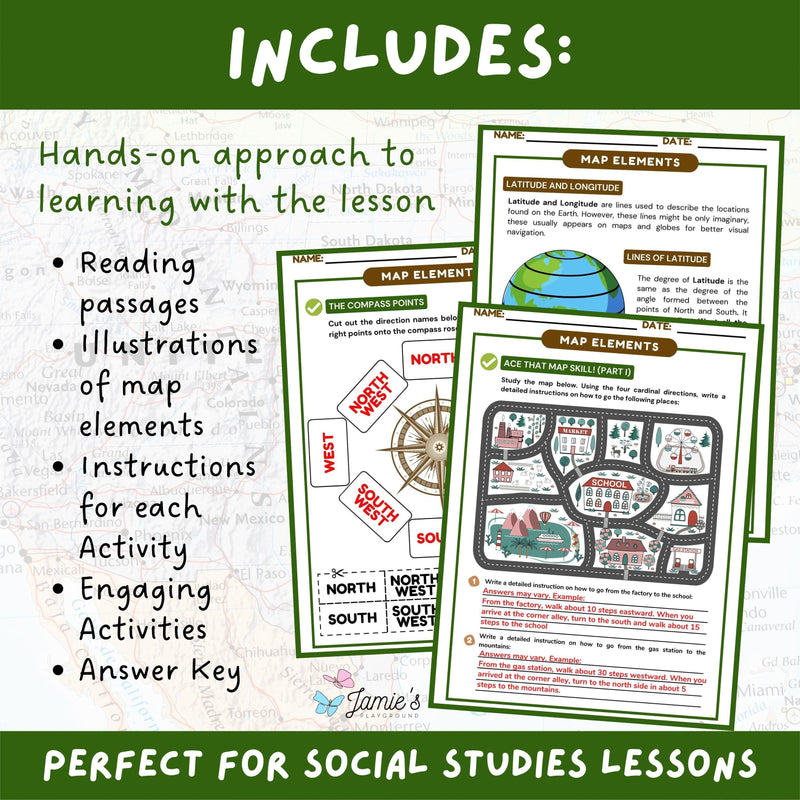 Map Elements Activity & Answer Key 3rd Grade Social Studies