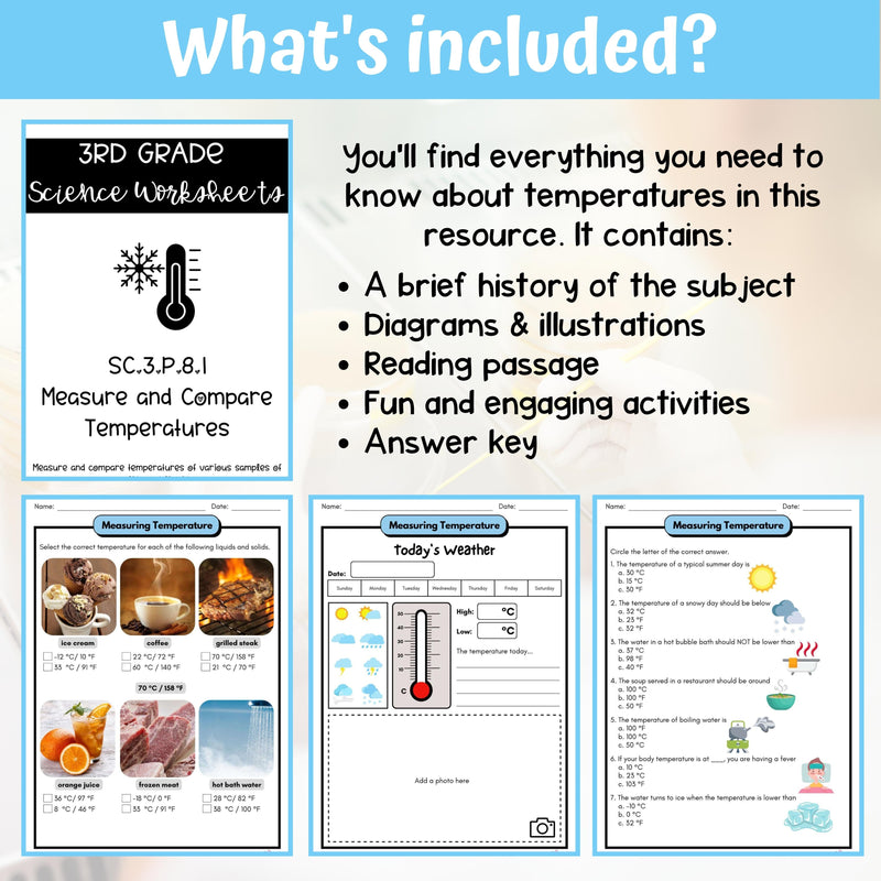 Hot and Cold Temperature Activity & Answer Key 3rd Grade Physical Science