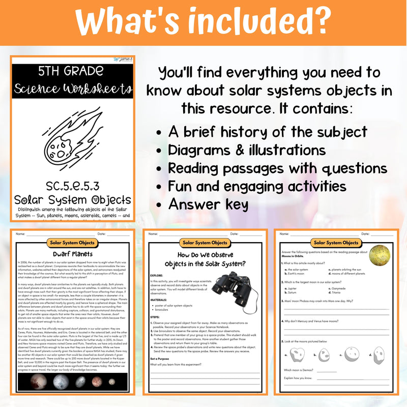 Solar Systems Objects Activity & Answer Key 5th Grade Earth & Space Science