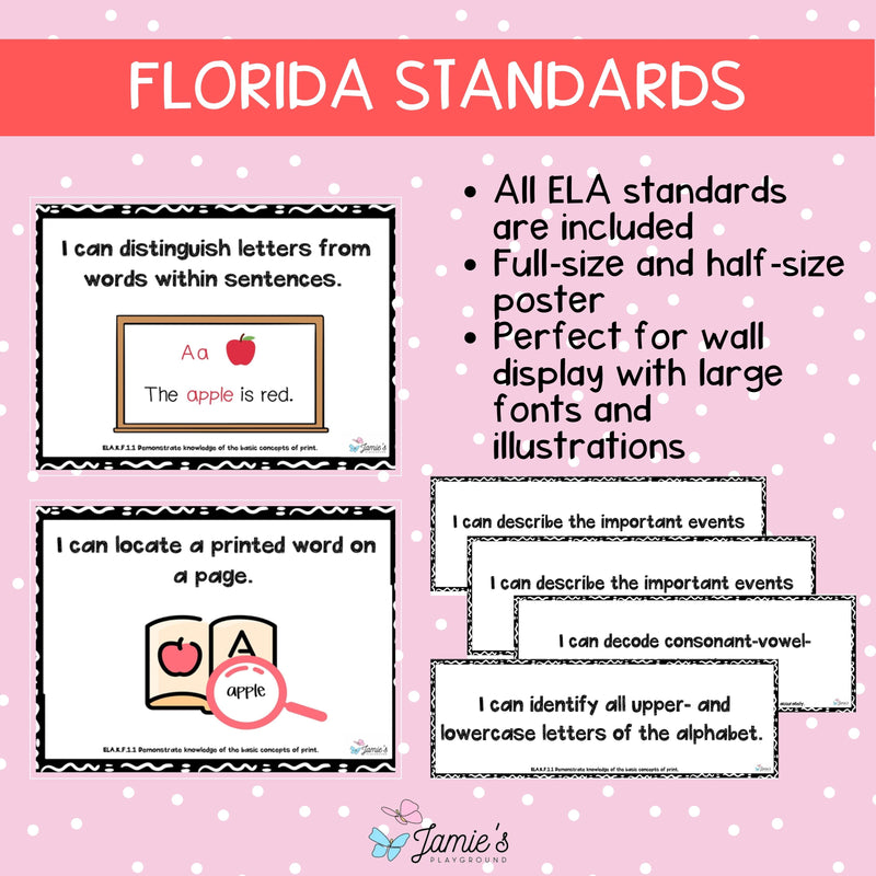 Florida BEST Standards: Kindergarten ELA I Can Statements - Full & Half Pages