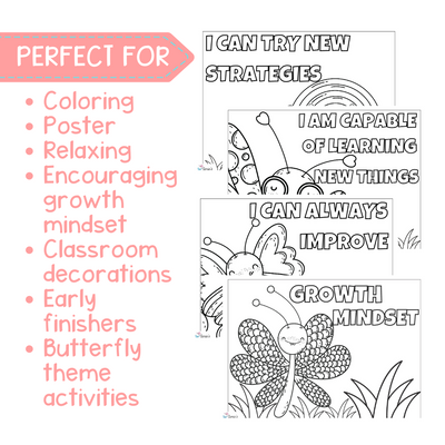 Growth Mindset Coloring Pages and Posters | Butterfly Inspirational Coloring