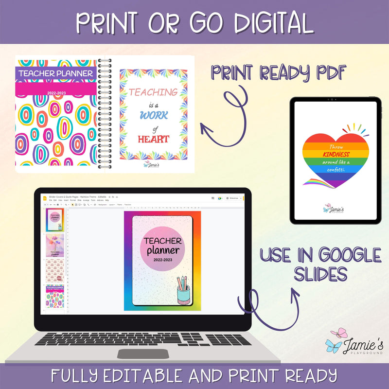 Editable Binder Covers for Teacher Binder and Planner | Rainbow theme