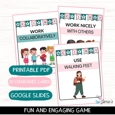 Classroom Rules Charades Cards EDITABLE (Pink/Teal): Back to School Activity