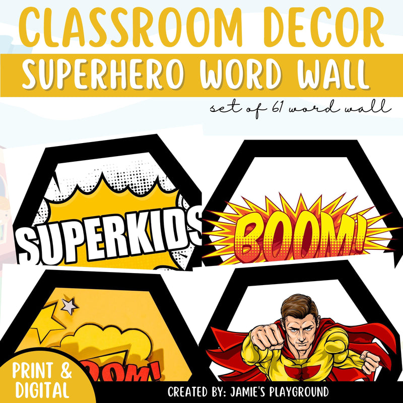 Word Wall - EDITABLE Superhero Classroom Decor Word Wall Cards