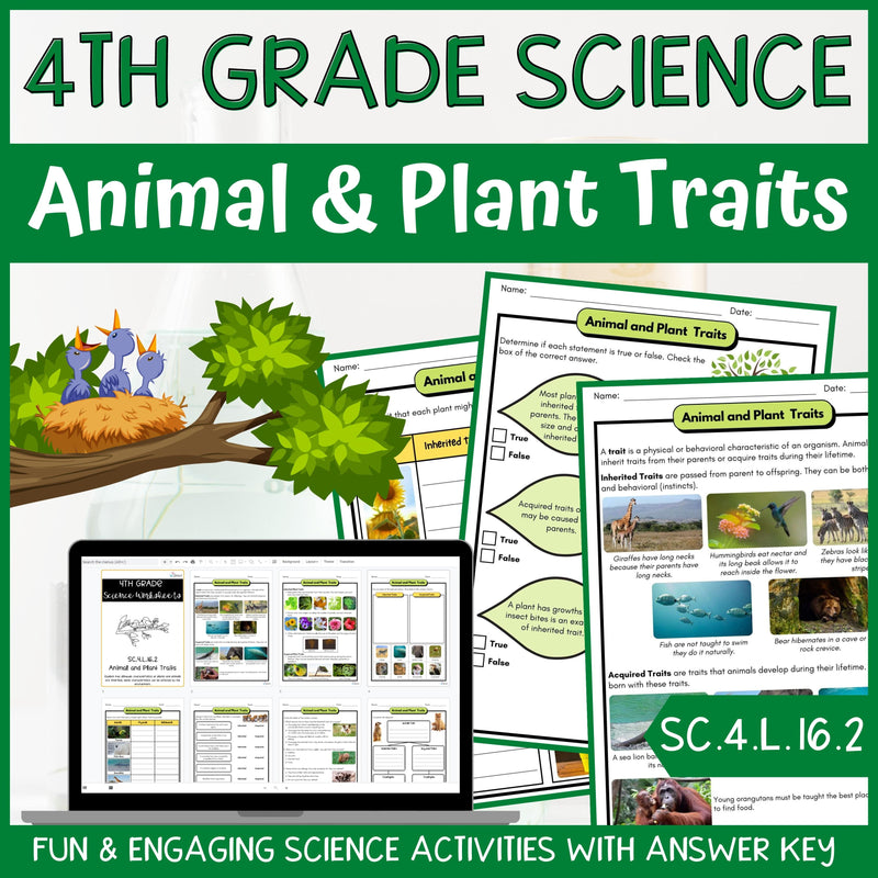 Animal and Plant Traits Activity & Answer Key 4th Grade Life Science