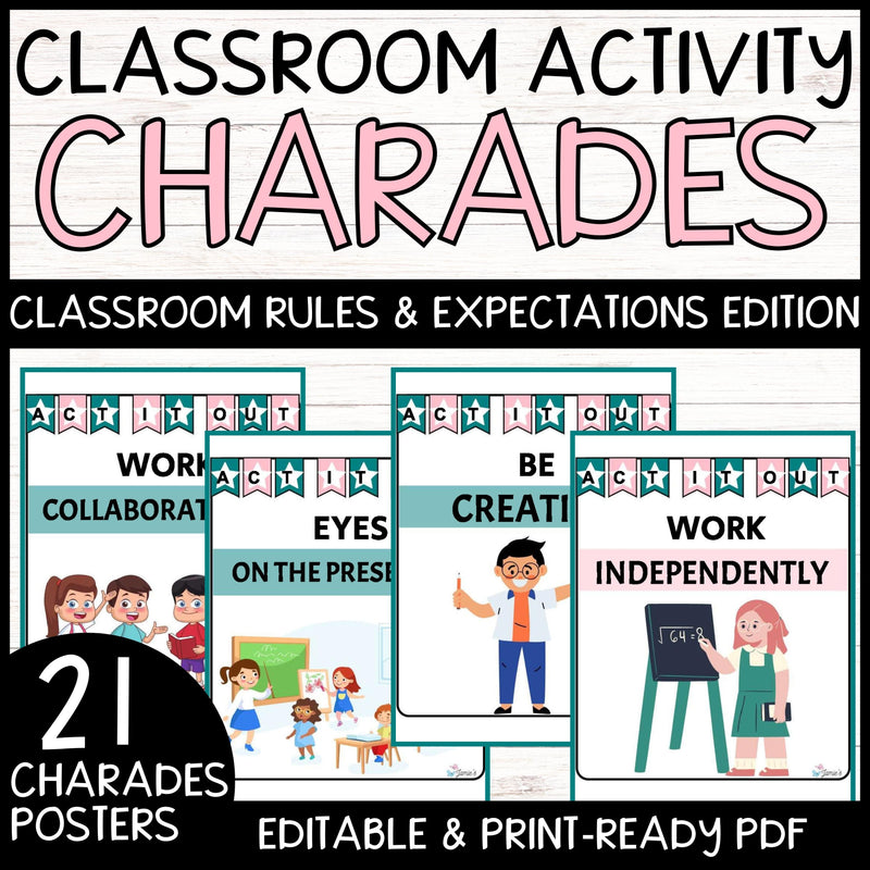 Classroom Rules Charades Posters EDITABLE (Pink/Teal): Back to School Activity