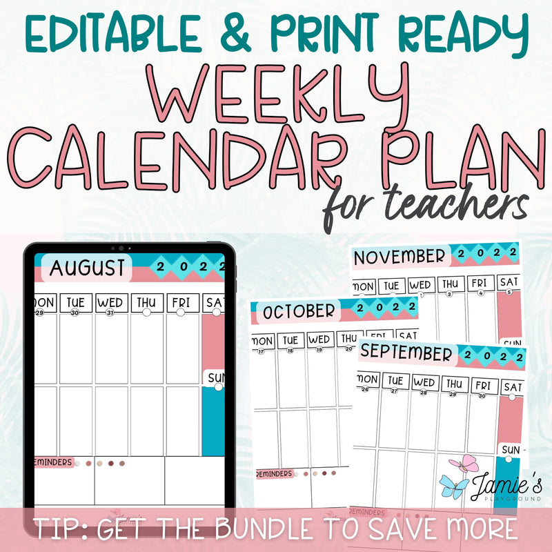 Editable Teacher Binder | Weekly Lesson Plans and Calendar 2023 | Pink & Teal Theme