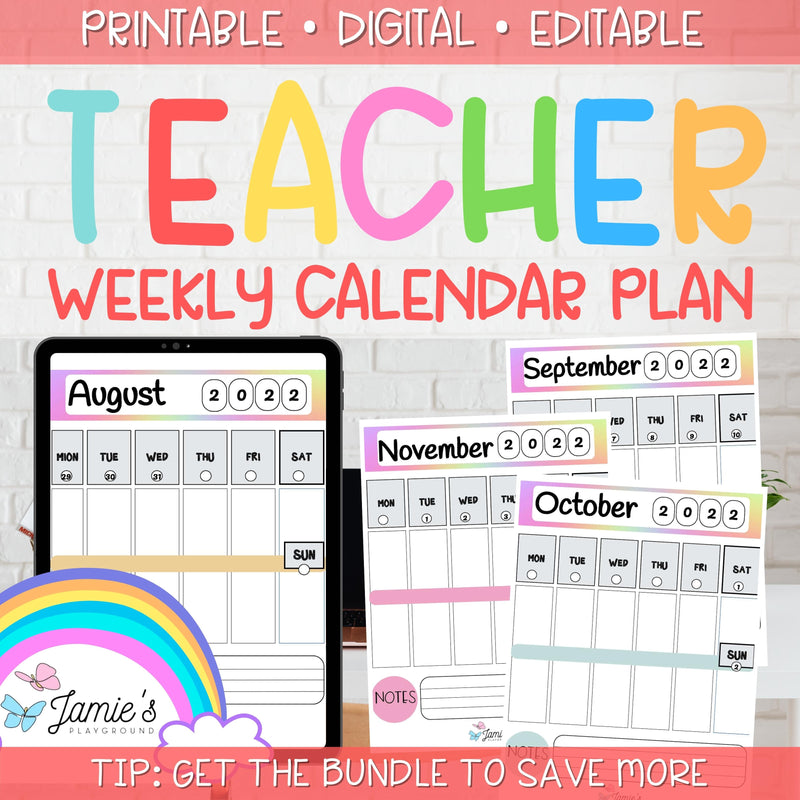 Editable Teacher Binder | Weekly Lesson Plans and Calendar 2023 | Rainbow theme