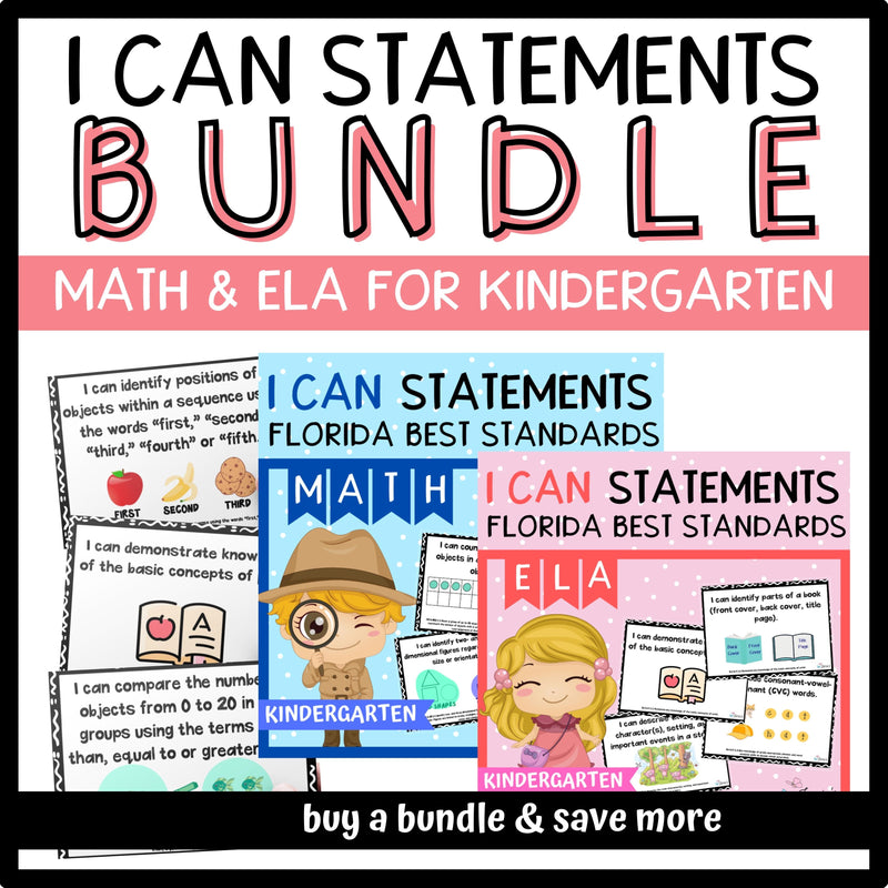 Florida BEST Standards: Kindergarten MATH & ELA I Can Statements - BUNDLE